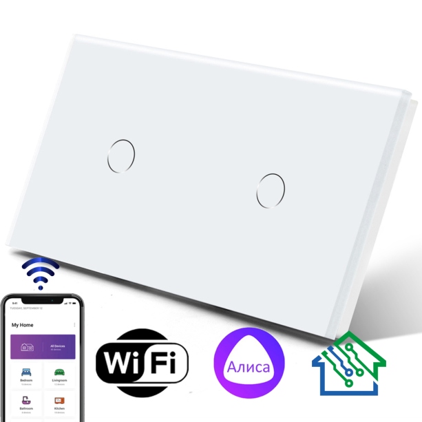 Умный сенсорный выключатель с WiFi FUJIHOME FHZ-006DG2W работает с Алисой, 2 поста
