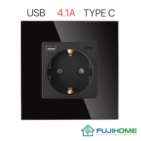 Розетка с USB (Type A + Type C) FUJIHOME TW-GAC-BK(CS), с заземлением, рамка 86х86мм из закаленного стекла, цвет черный Розетка с USB (Type A + Type C) FUJIHOME TW-GAC-BK(CS), с заземлением, рамка 86х86мм из закаленного стекла, цвет черный