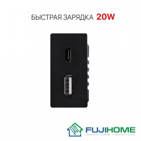 Модуль USB розетка 1/2 на два входа (USB type A и type C), модель FUJIHOME TW-20W-BK, быстрая USB зарядка 20W, цвет - черный