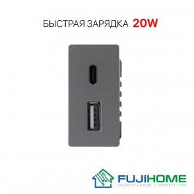 Модуль USB розетка 1/2 на два входа (USB type A и type C), модель FUJIHOME TW-20W-GY, быстрая USB зарядка 20W, цвет - серый
